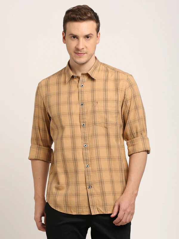 Indian Terrain Men's Regular Fit Full Sleeve Checkered Khaki Shirt